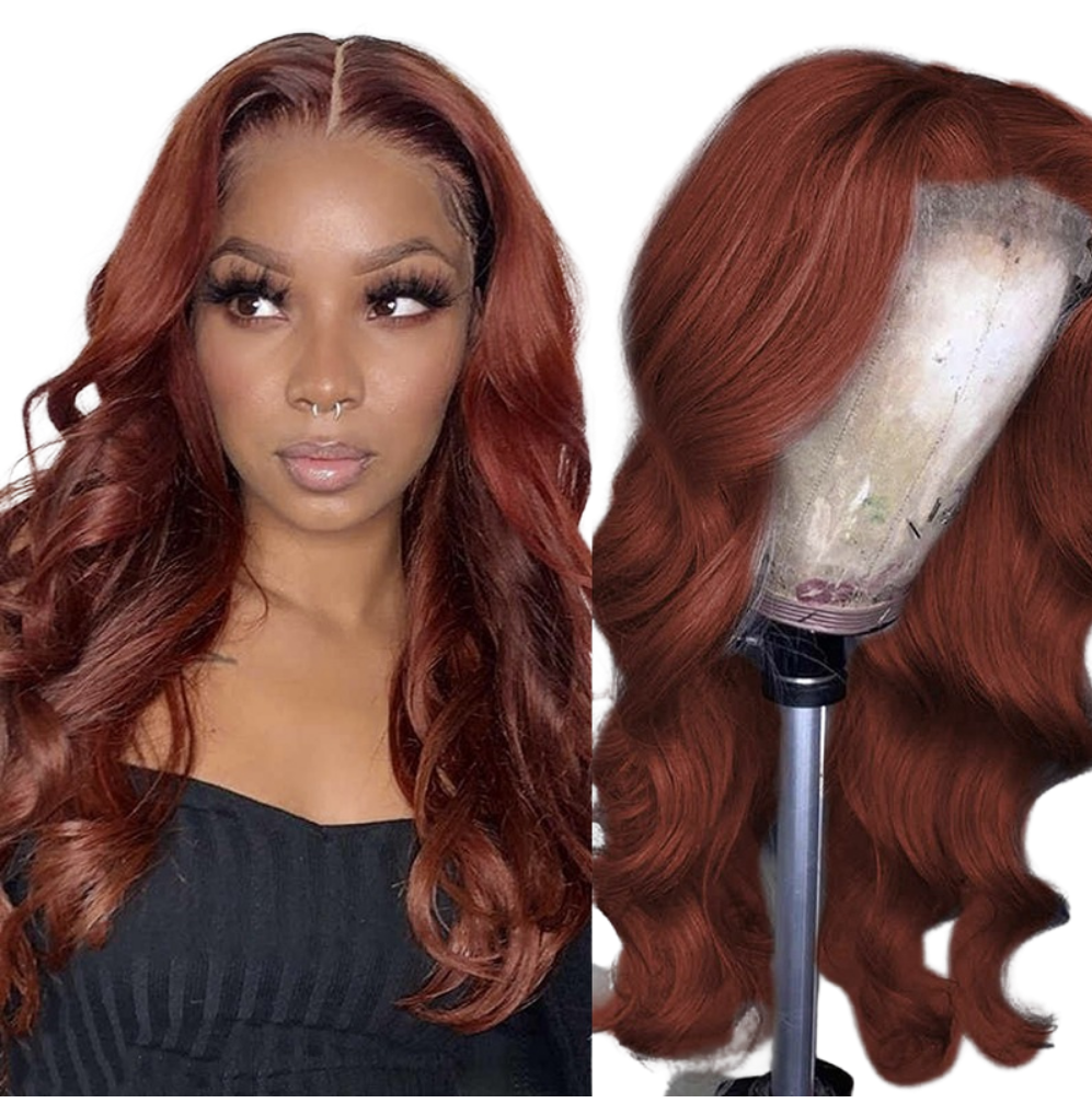 Perruque lisse avec closure 13x1x4 et T-part, lace closure 4x4, ondulations body wave, couleur #33, dentelle transparente.