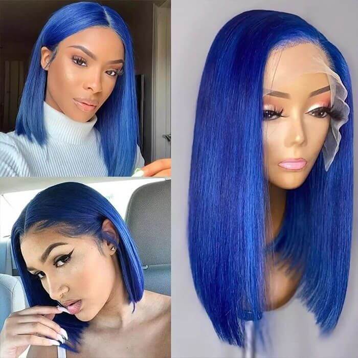 erruque bob lisse bleu vif 13x4 lace front – cheveux humains premium