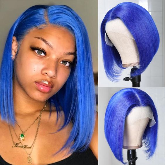 erruque bob lisse bleu vif 13x4 lace front – cheveux humains premium