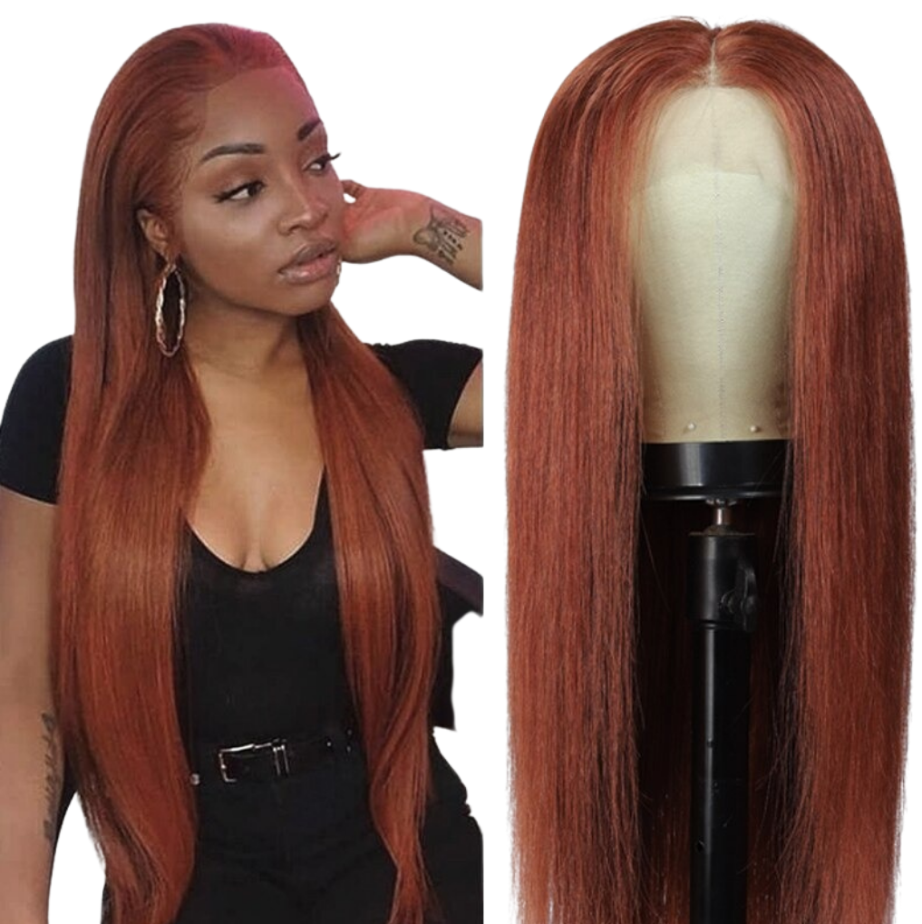 Perruque lisse avec closure 13x1x4 et T-part, lace closure 4x4, ondulations body wave, couleur #33, dentelle transparente.