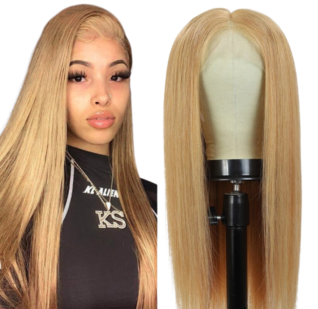 Perruque lisse avec closure 13x1x4 et T-part, lace closure 4x4, ondulations body wave, couleur #33, dentelle transparente.