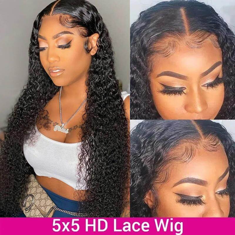 Perruque closure HD lace 5x5 bouclée profonde (Deep Curly), en cheveux humains premium.