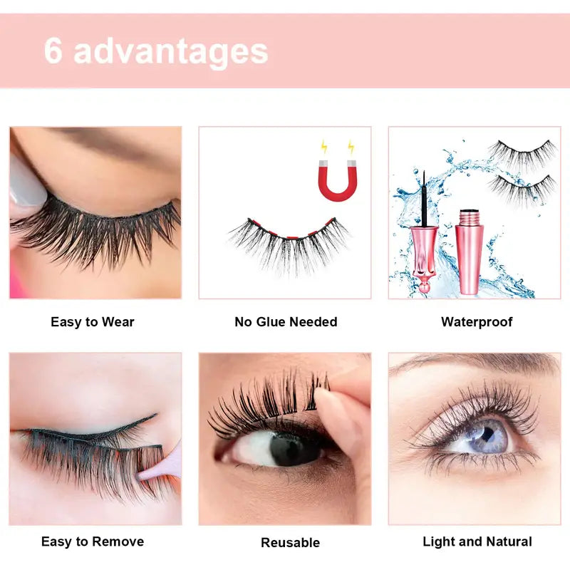 Kit de 5 paires de faux cils magnétiques avec eyeliner, réutilisables, faux cils 3D magnétiques, extensions sans colle nécessaire.
