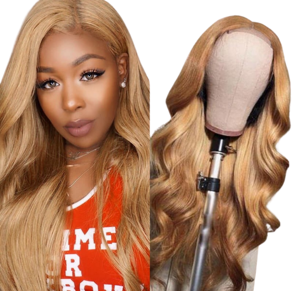 Perruque lisse avec closure 13x1x4 et T-part, lace closure 4x4, ondulations body wave, couleur #33, dentelle transparente.