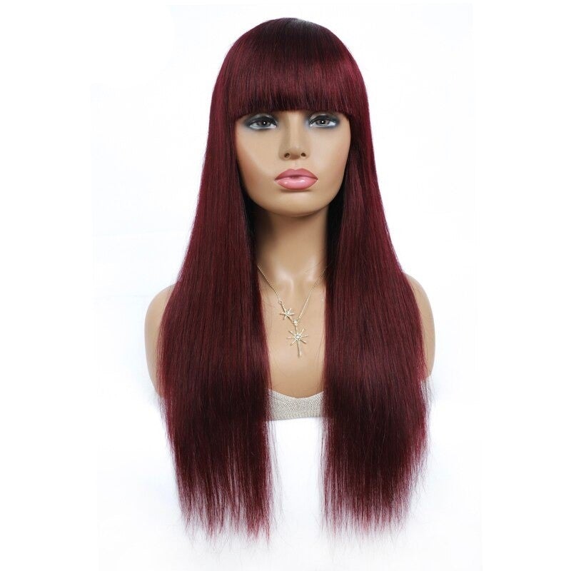 Perruque en cheveux humains raides brésiliens avec frange, couleur bordeaux, sans colle