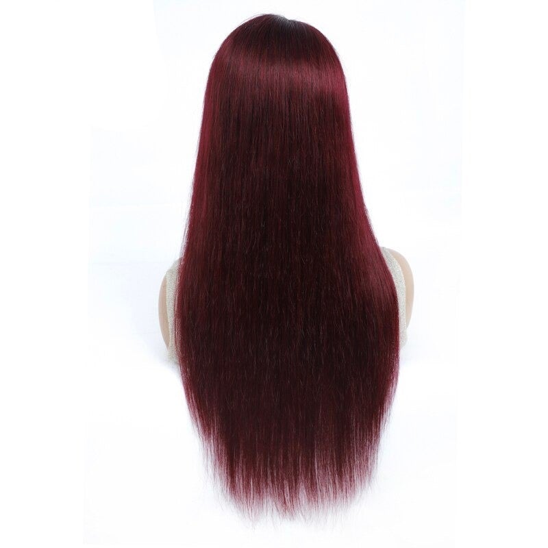 Perruque en cheveux humains raides brésiliens avec frange, couleur bordeaux, sans colle