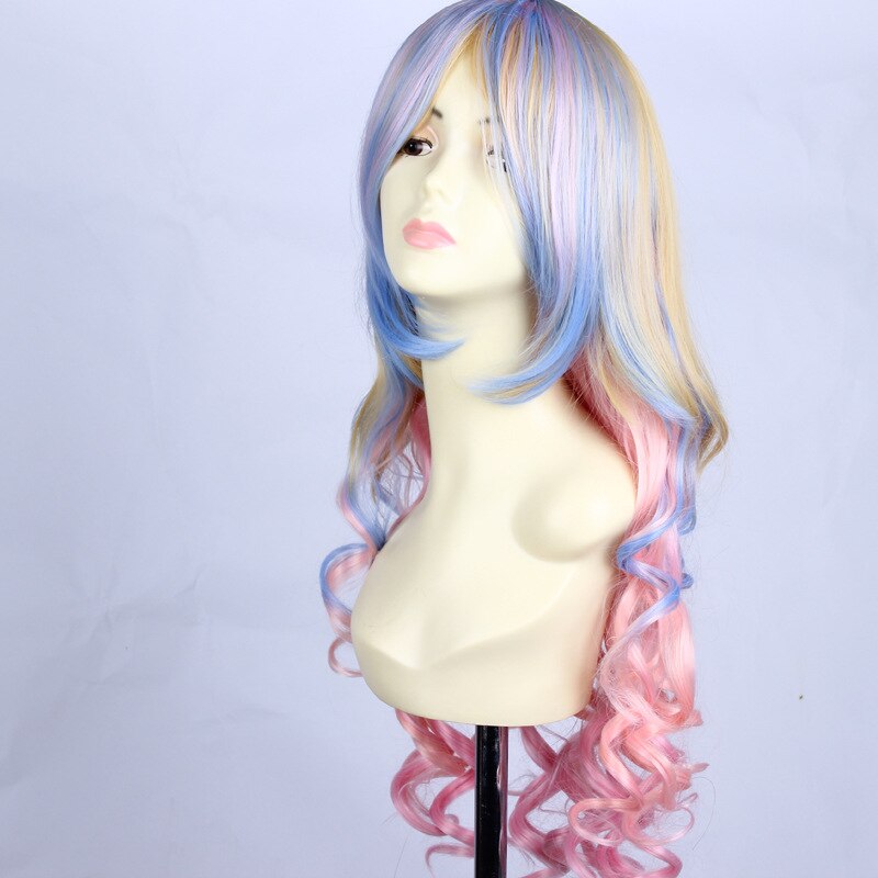 Perruque anime longue ondulée multicolore pour fête avec frange
