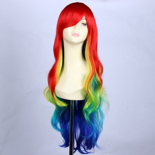 Perruque anime longue ondulée multicolore pour fête avec frange