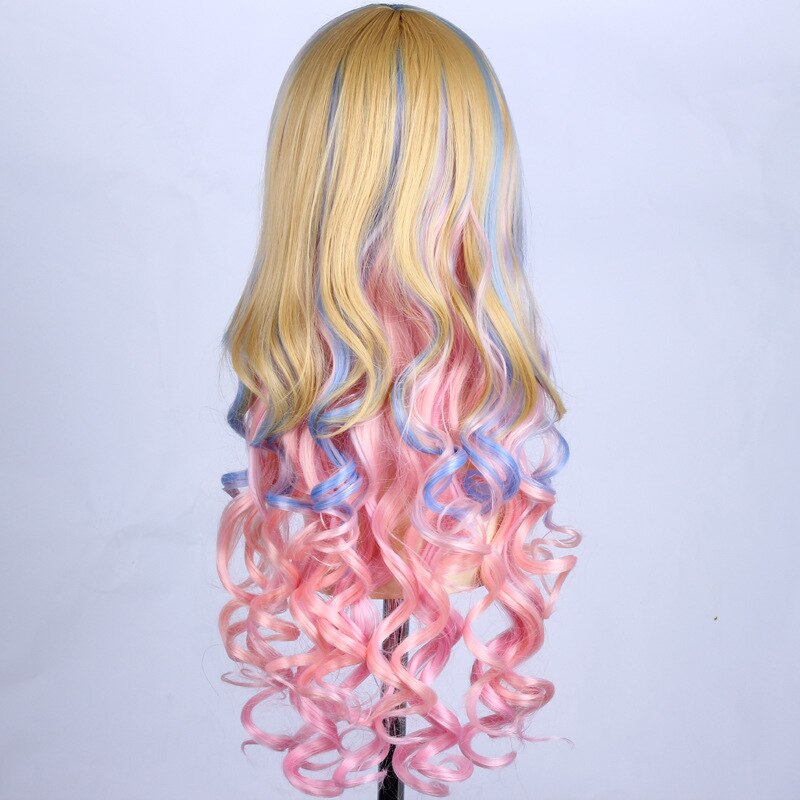 Perruque anime longue ondulée multicolore pour fête avec frange