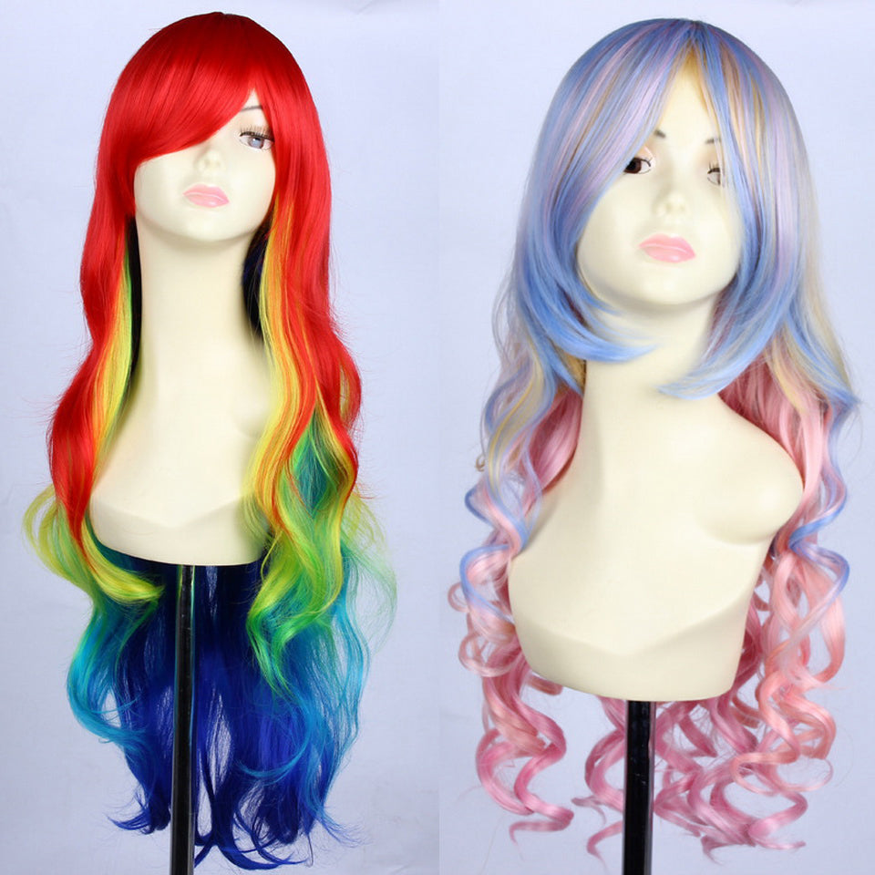 Perruque anime longue ondulée multicolore pour fête avec frange