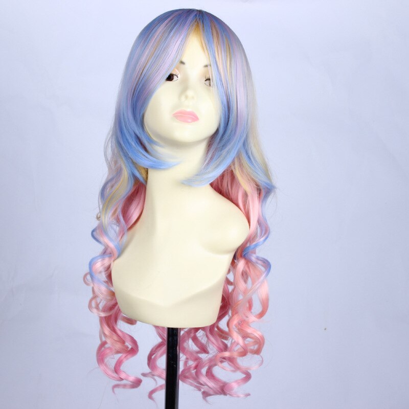 Perruque anime longue ondulée multicolore pour fête avec frange