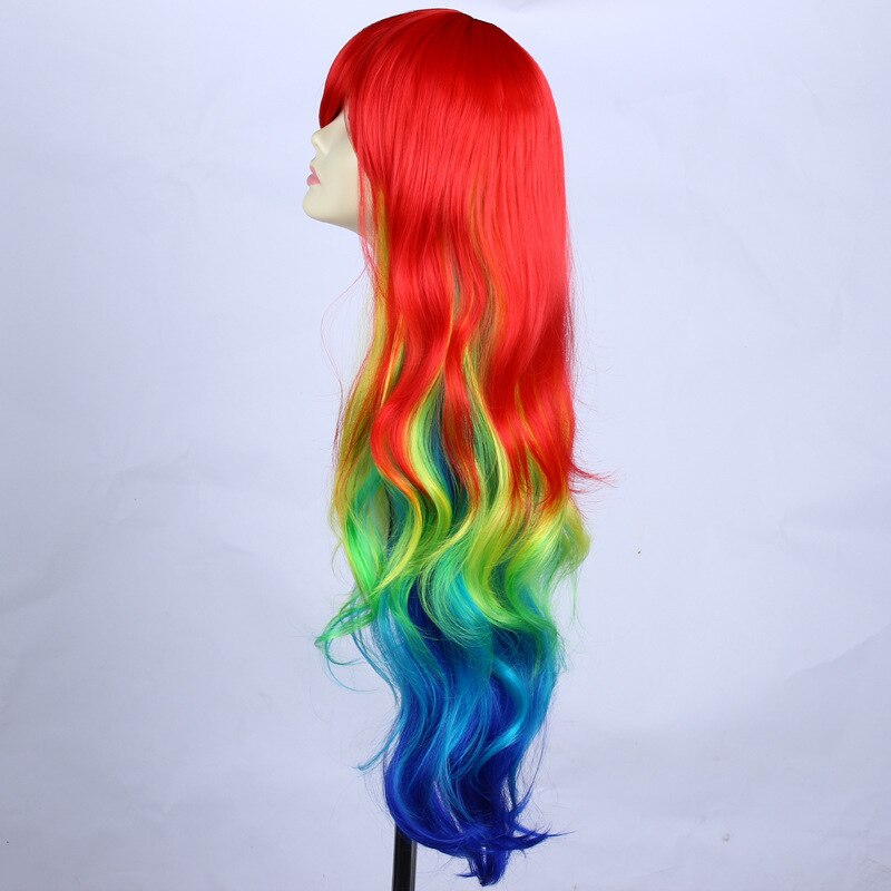 Perruque anime longue ondulée multicolore pour fête avec frange