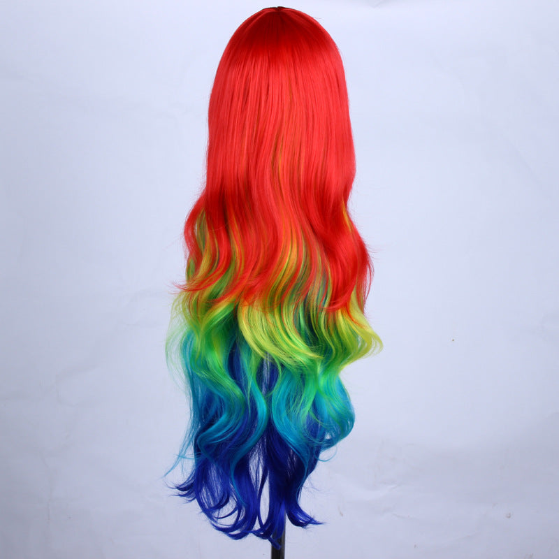 Perruque anime longue ondulée multicolore pour fête avec frange