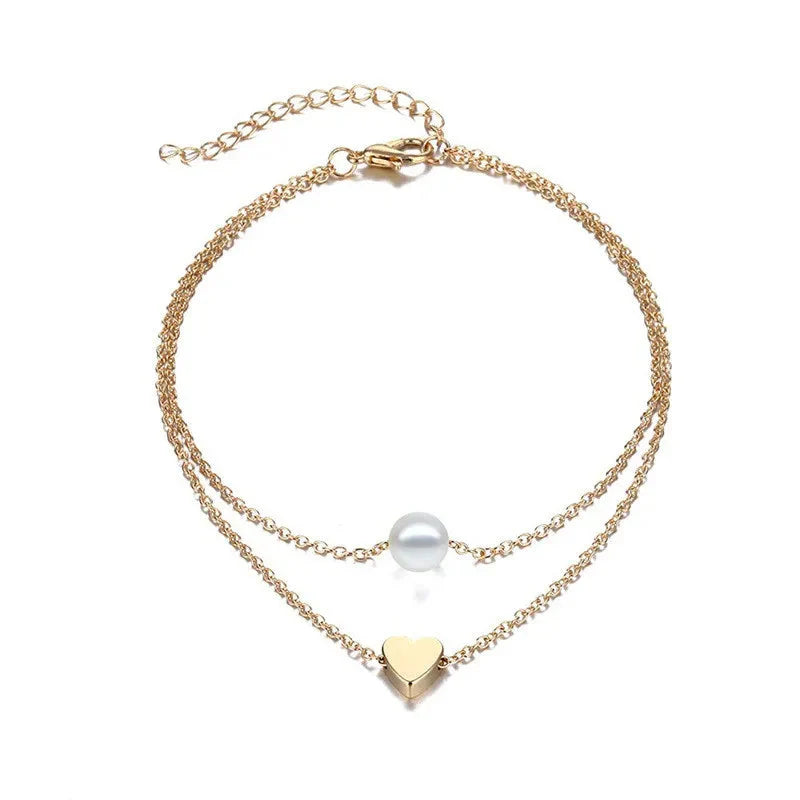 Bracelet de cheville tendance pour femme, style bohème vintage, multicouche avec perles et cœur