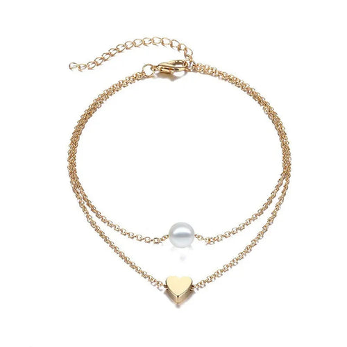 Bracelet de cheville tendance pour femme, style bohème vintage, multicouche avec perles et cœur