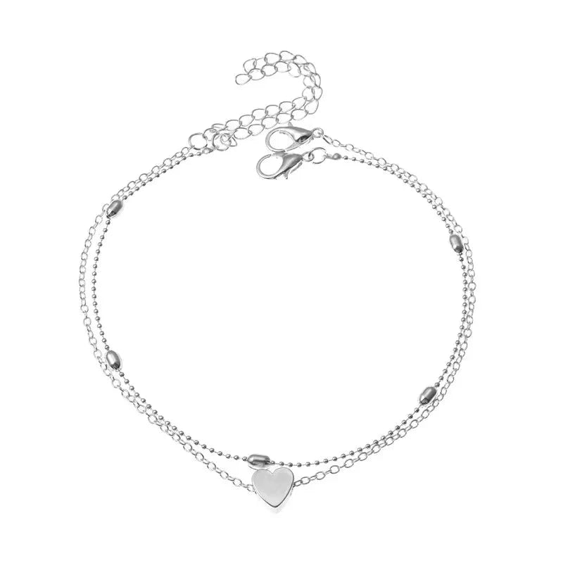 Bracelet de cheville tendance pour femme, style bohème vintage, multicouche avec perles et cœur