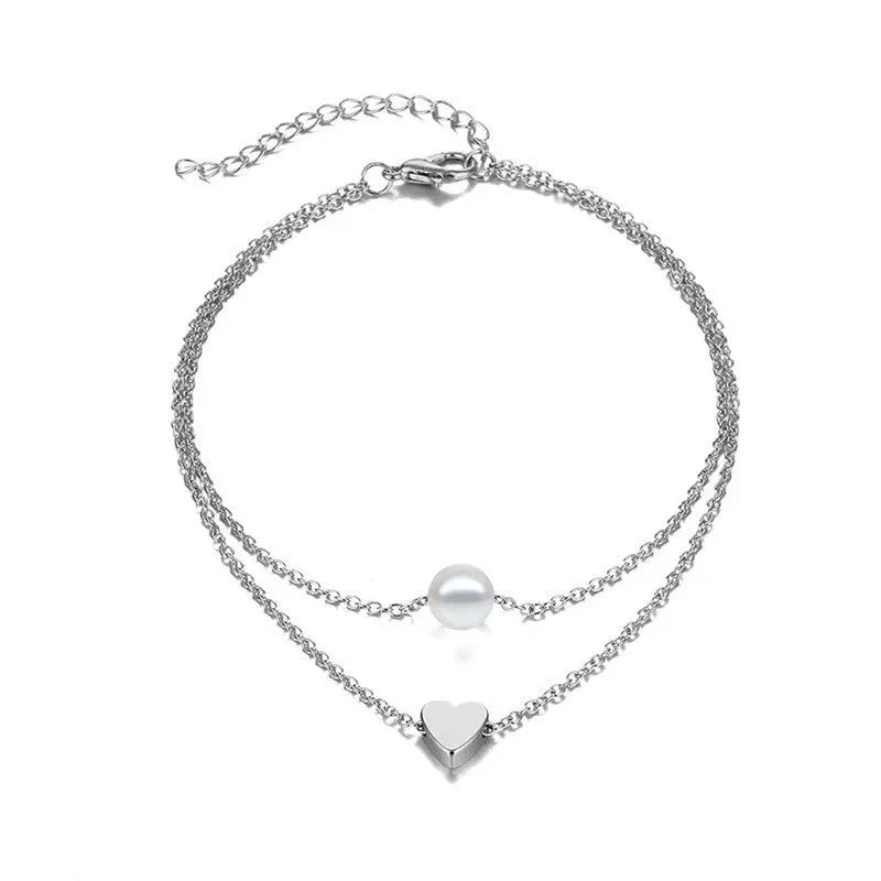 Bracelet de cheville tendance pour femme, style bohème vintage, multicouche avec perles et cœur