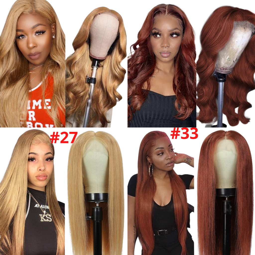 Perruque lisse avec closure 13x1x4 et T-part, lace closure 4x4, ondulations body wave, couleur #33, dentelle transparente.