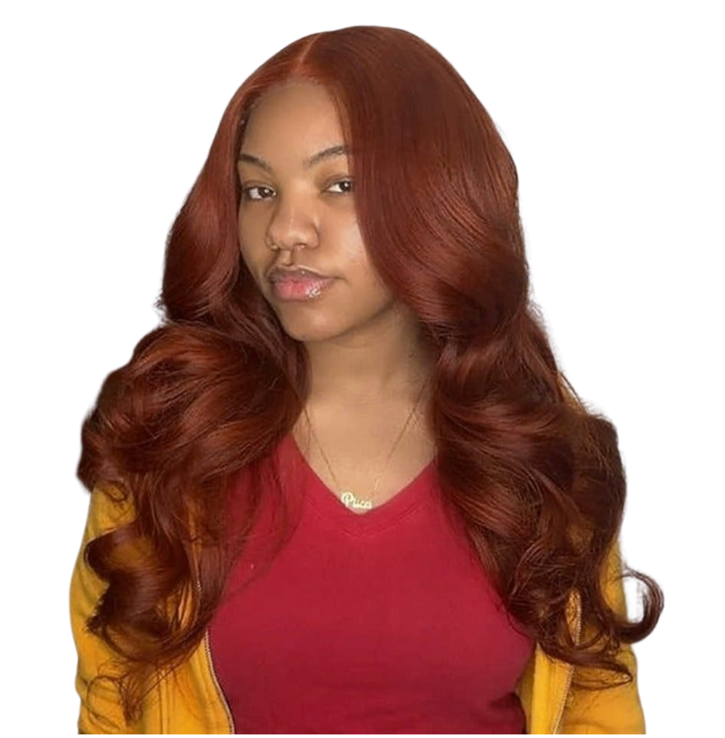 Perruque lisse avec closure 13x1x4 et T-part, lace closure 4x4, ondulations body wave, couleur #33, dentelle transparente.