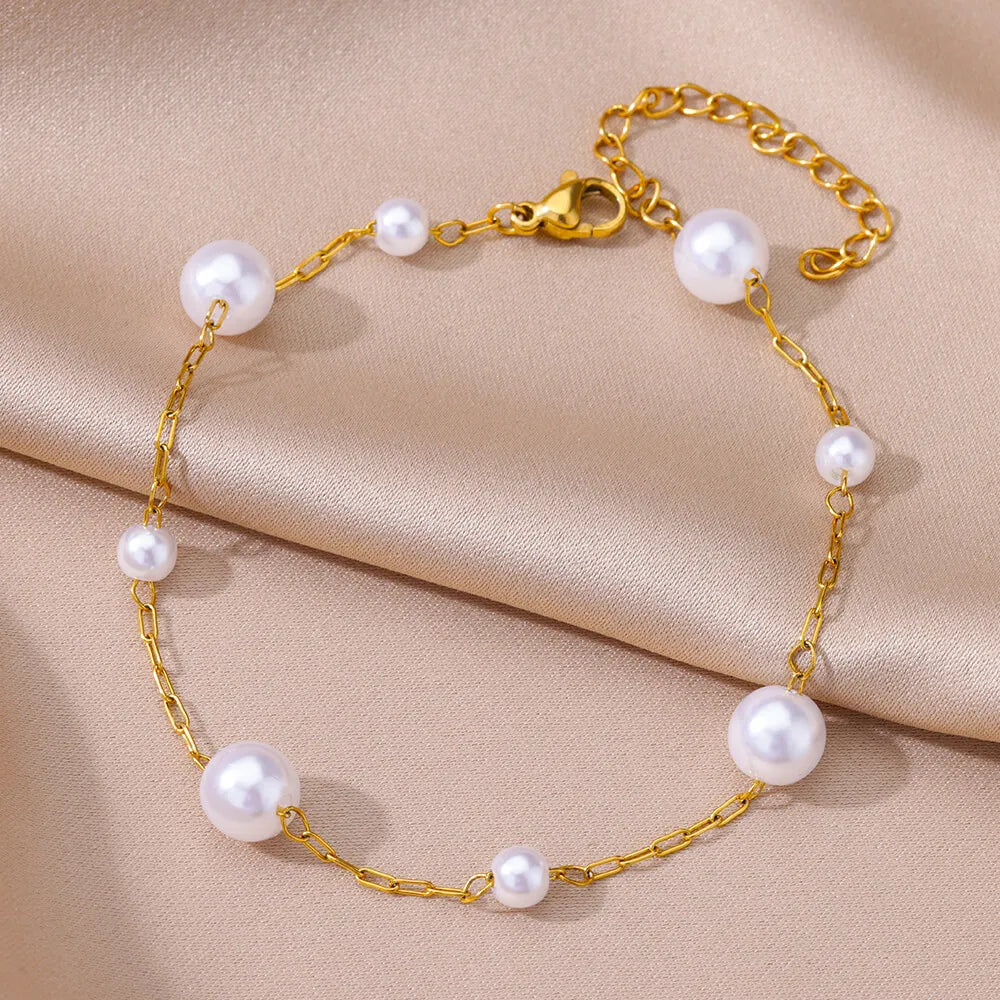 Bracelet de cheville pour femme – Accessoire d'été pour la plage – Chaîne en acier inoxydable avec perles d'imitation