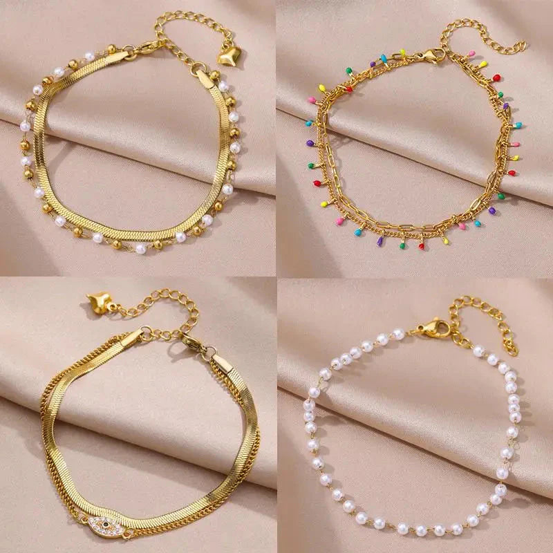 Bracelet de cheville pour femme – Accessoire d'été pour la plage – Chaîne en acier inoxydable avec perles d'imitation