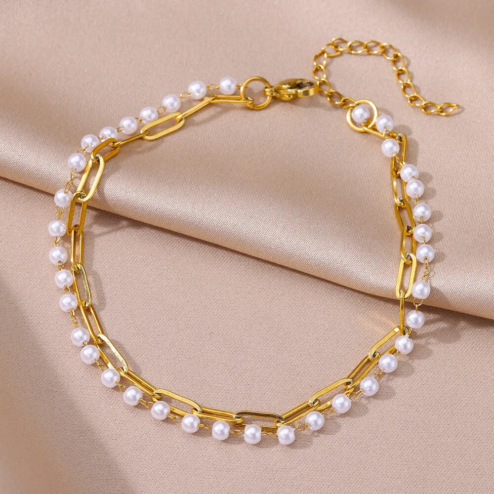 Bracelet de cheville pour femme – Accessoire d'été pour la plage – Chaîne en acier inoxydable avec perles d'imitation