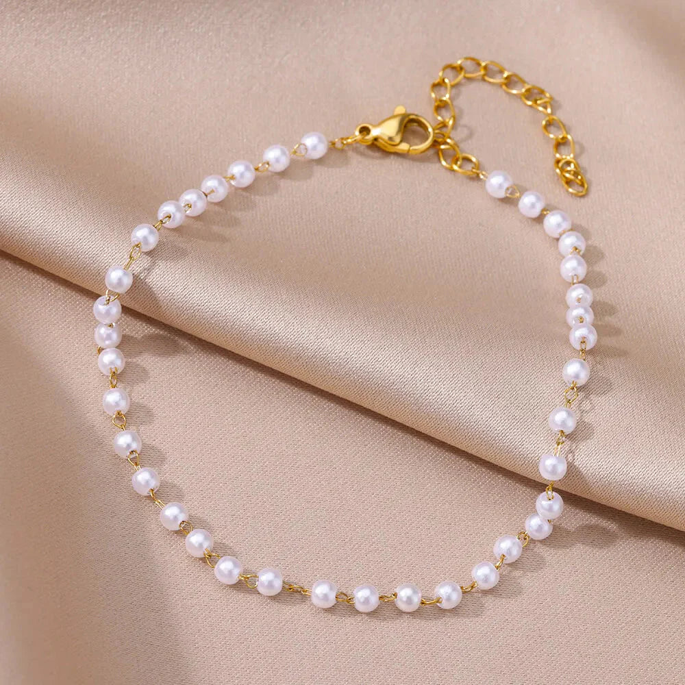 Bracelet de cheville pour femme – Accessoire d'été pour la plage – Chaîne en acier inoxydable avec perles d'imitation