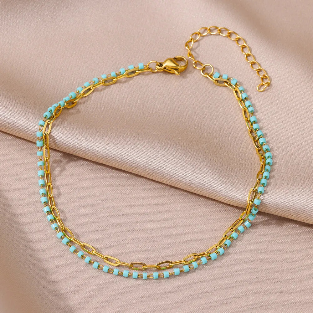 Bracelet de cheville pour femme – Accessoire d'été pour la plage – Chaîne en acier inoxydable avec perles d'imitation