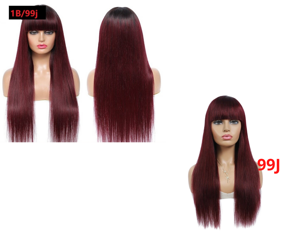 Perruque en cheveux humains raides brésiliens avec frange, couleur bordeaux, sans colle