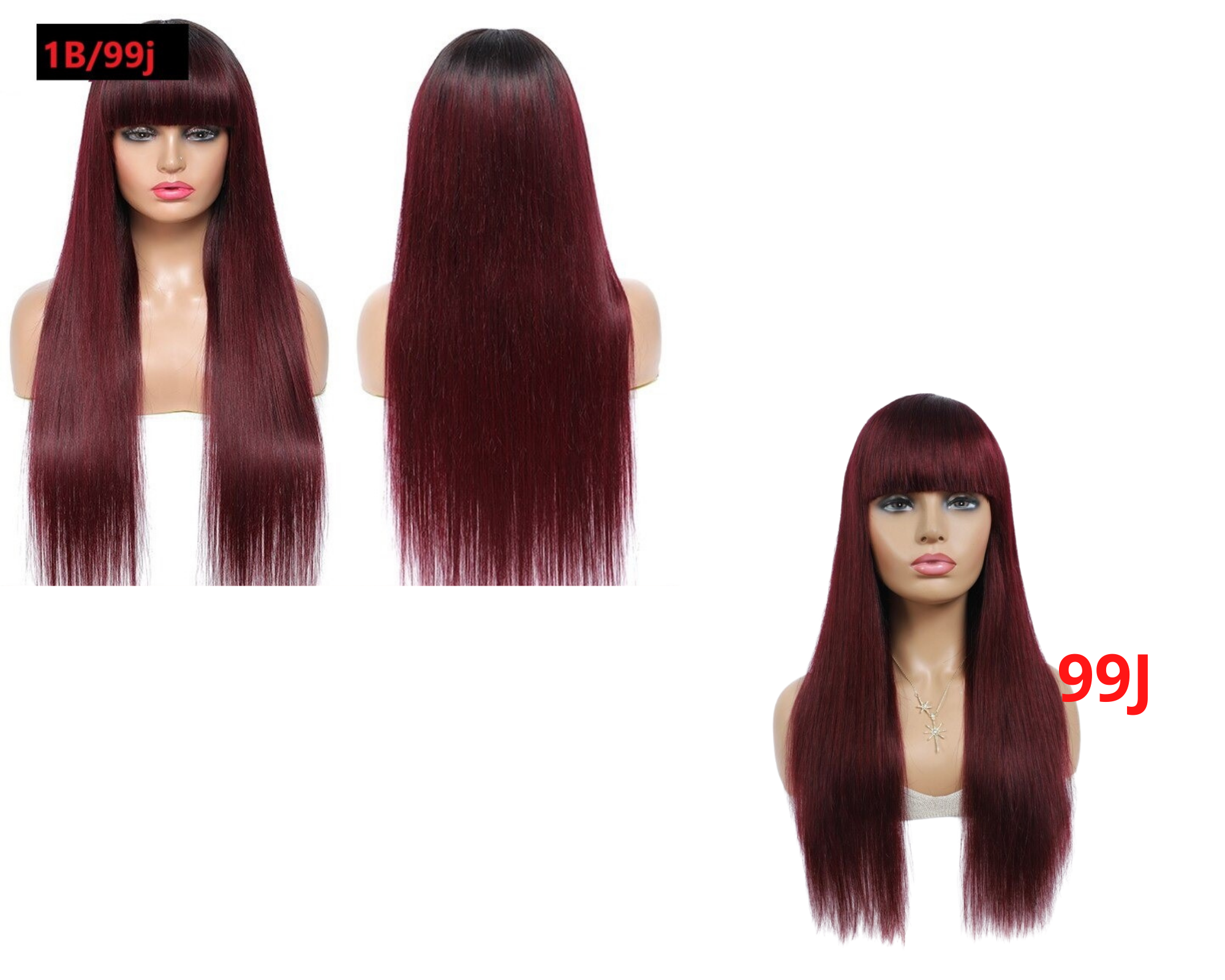 Perruque en cheveux humains raides brésiliens avec frange, couleur bordeaux, sans colle