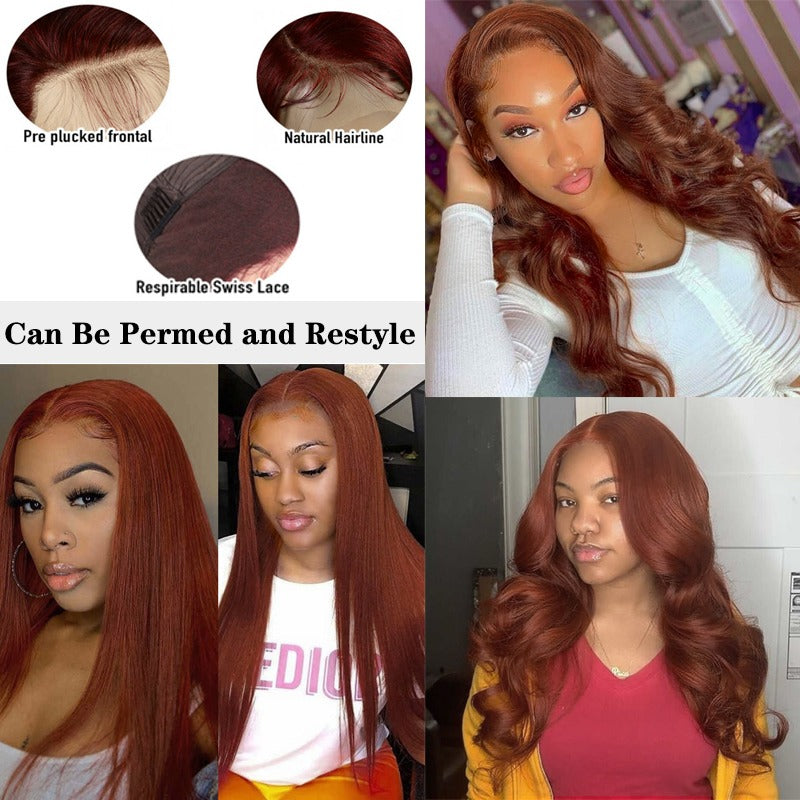 Perruque lisse avec closure 13x1x4 et T-part, lace closure 4x4, ondulations body wave, couleur #33, dentelle transparente.