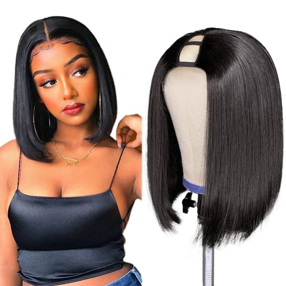Perruque courte coupe bob en U part, cheveux humains raides, cheveux brésiliens Remy, perruque sans colle
