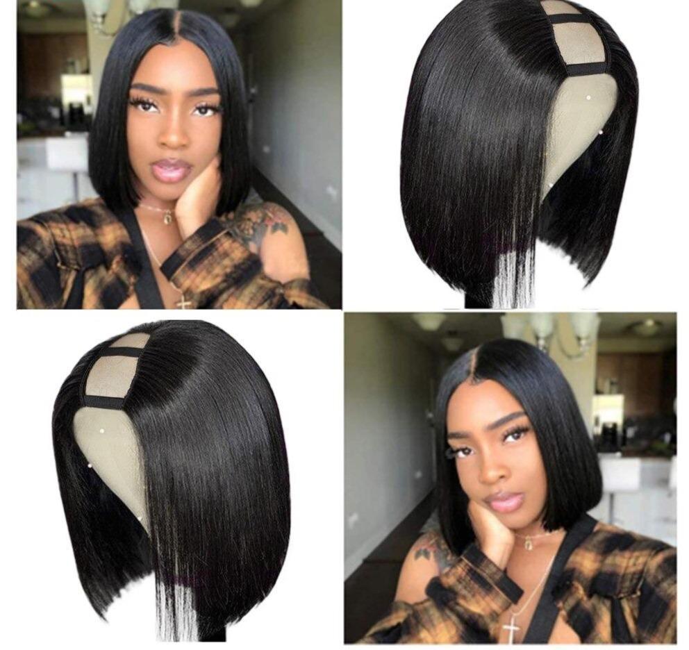 Perruque courte coupe bob en U part, cheveux humains raides, cheveux brésiliens Remy, perruque sans colle