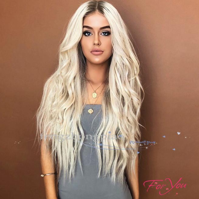 Perruque blonde “FZP” ondulée body wave, sans colle (glueless), perruque complète en cheveux synthétiques/cheveux imitation naturels