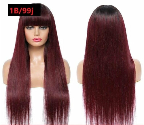 Perruque en cheveux humains raides brésiliens avec frange, couleur bordeaux, sans colle