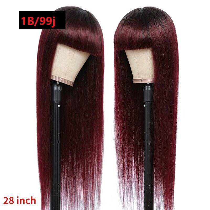 Perruque en cheveux humains raides brésiliens avec frange, couleur bordeaux, sans colle