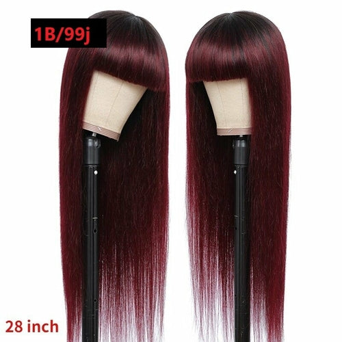 Perruque en cheveux humains raides brésiliens avec frange, couleur bordeaux, sans colle