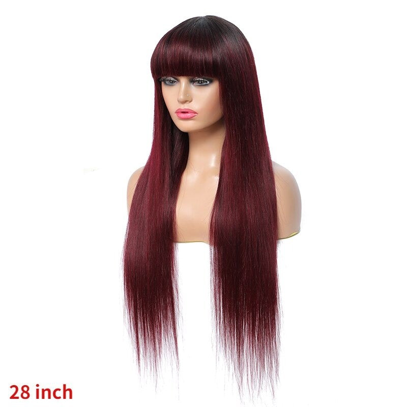 Perruque en cheveux humains raides brésiliens avec frange, couleur bordeaux, sans colle