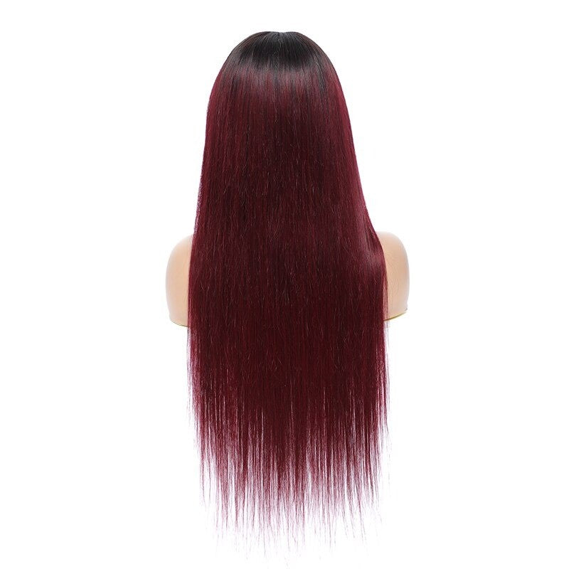 Perruque en cheveux humains raides brésiliens avec frange, couleur bordeaux, sans colle